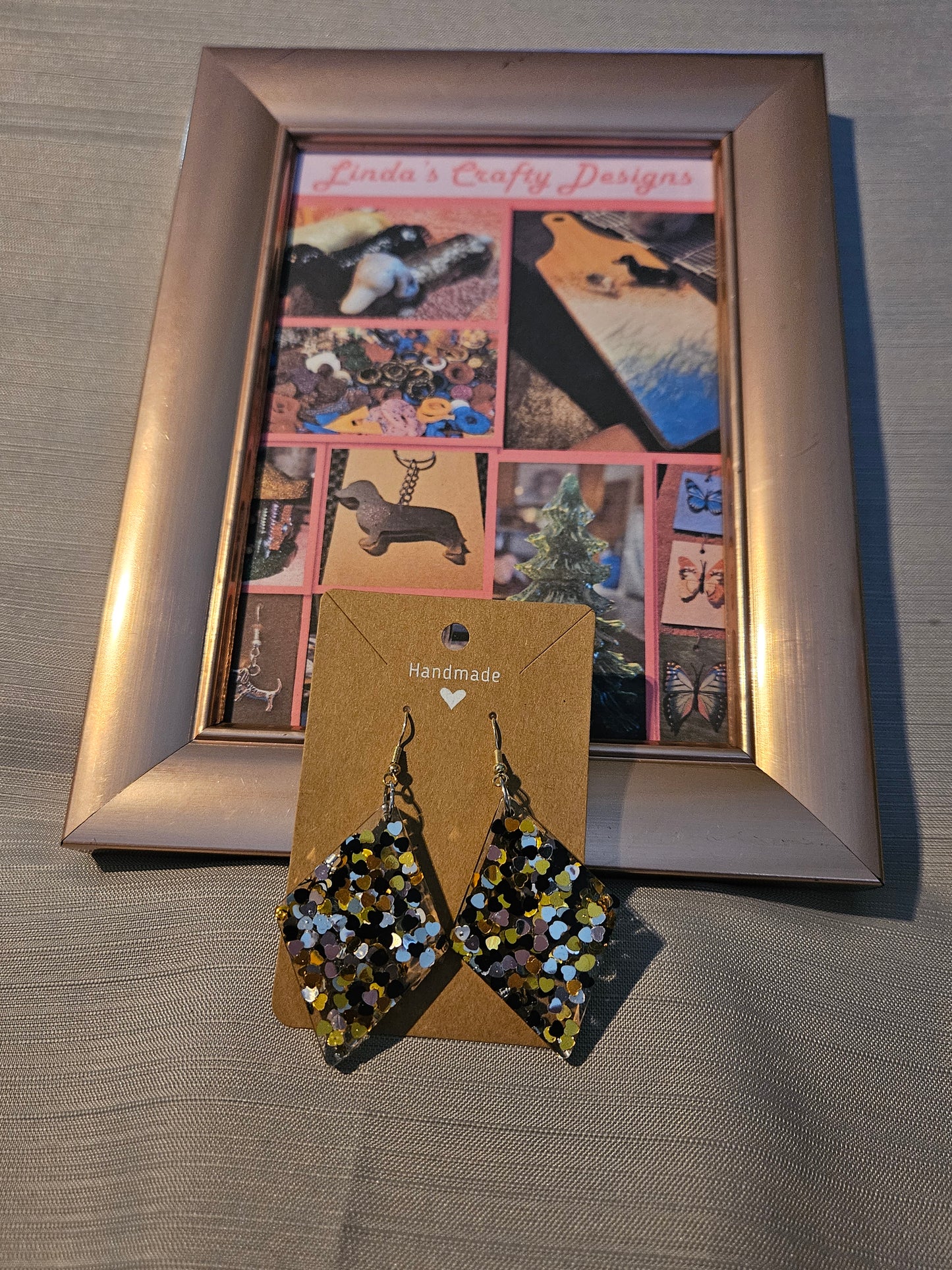 Resin/Metal Earrings (Hooks) - Black/Gold/Silver Confetti Diamonds #283