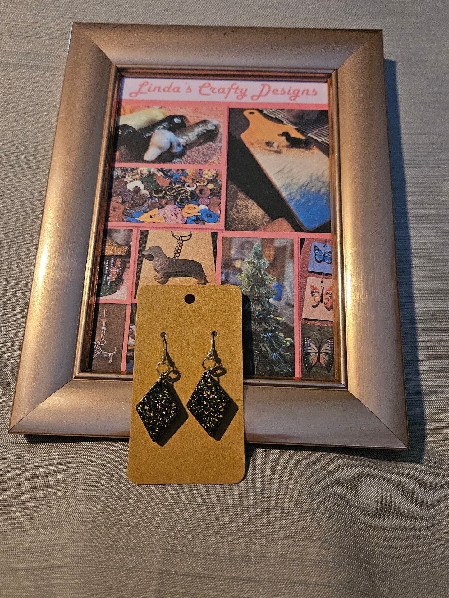 Resin/Metal Earrings (Hooks)- Black and Gold Glitter Diamonds #286
