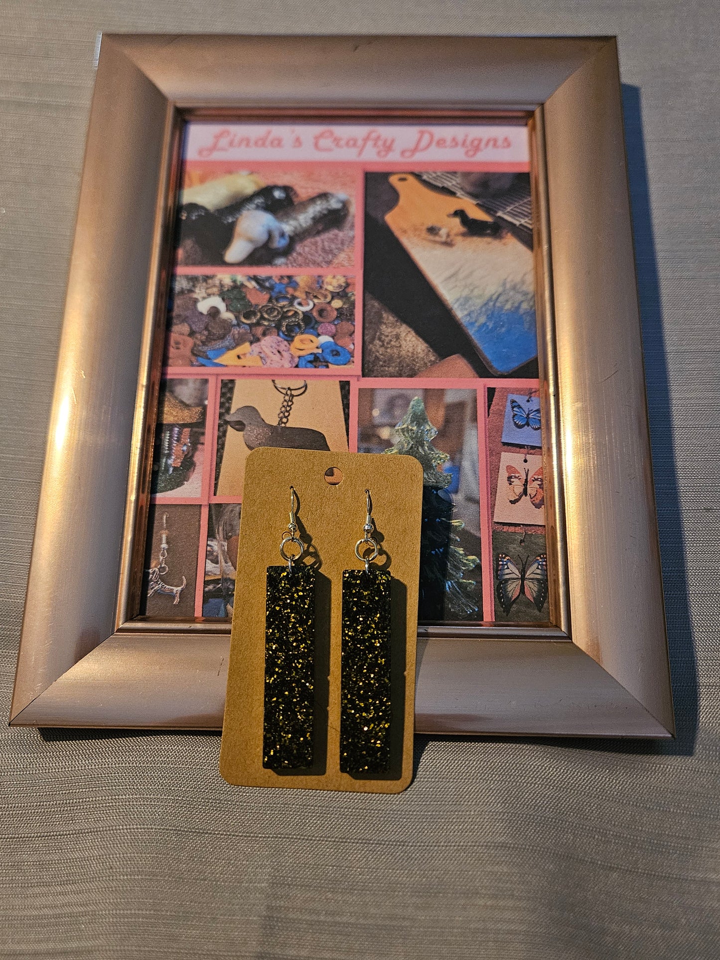 Resin/Metal Earrings (Hooks) - Black and Gold Sparkle Rectangles #282
