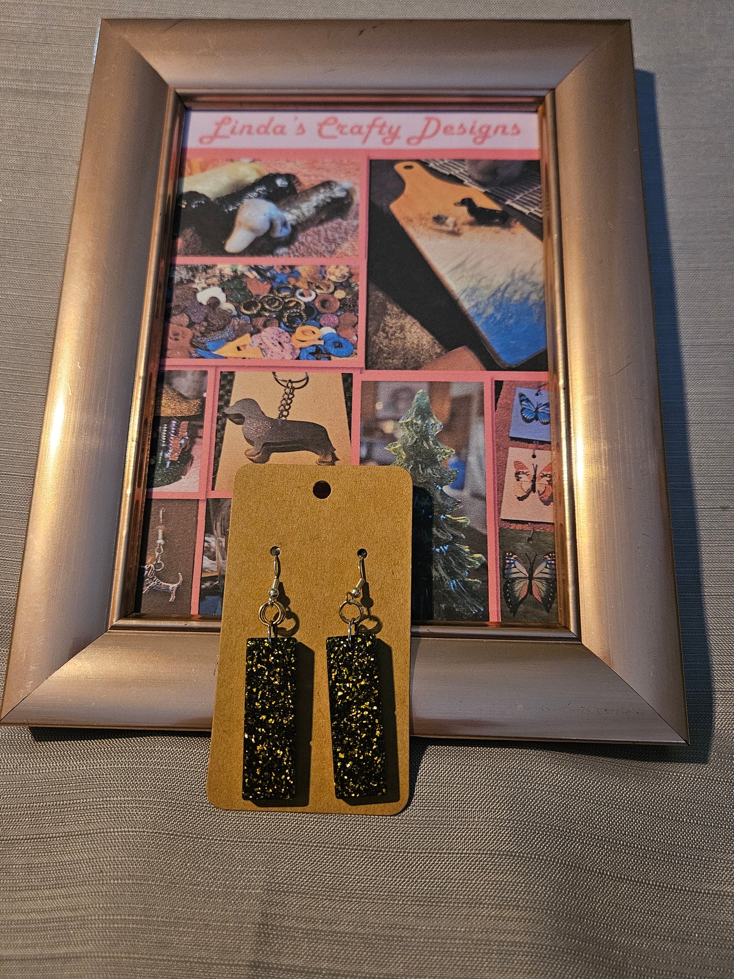 Resin/Metal Earrings (Hooks) - Black and Gold Sparkle Rectangles #281