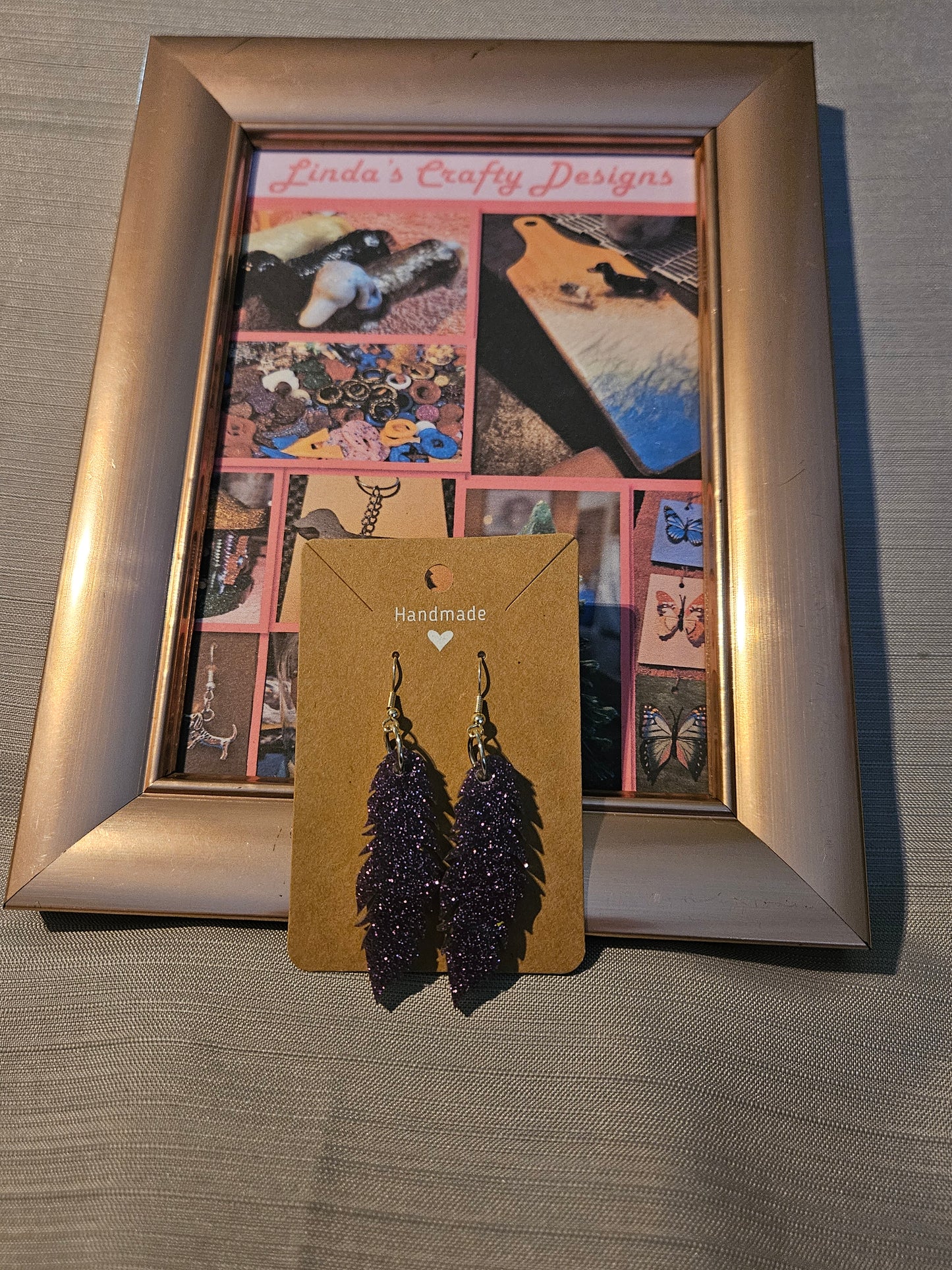 Resin/Metal Earrings (Hook) - Purple Sparkle Feathers #280