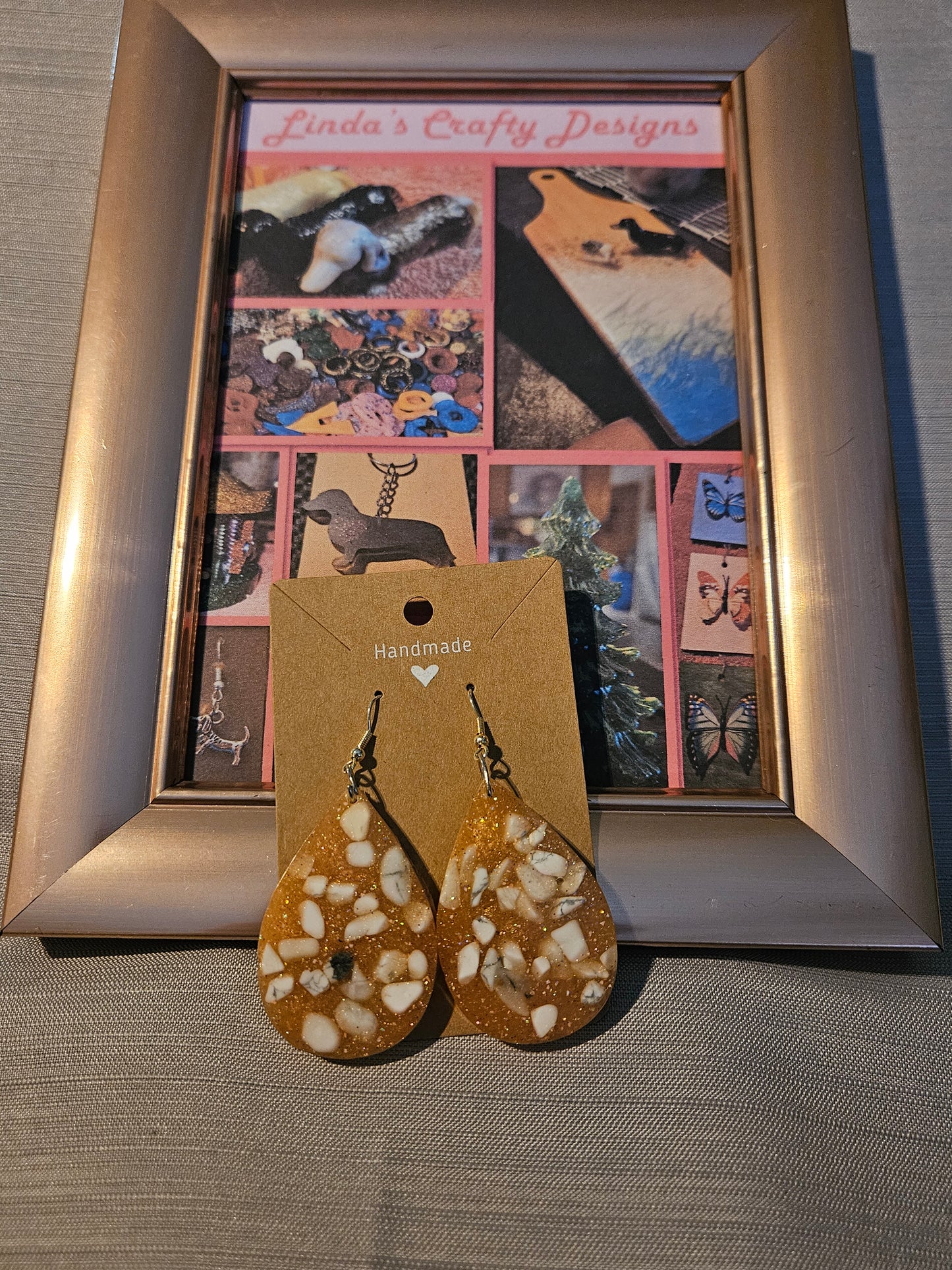 Resin/Metal Earrings (Hook) - Orange with Rocks in Teardrops #237