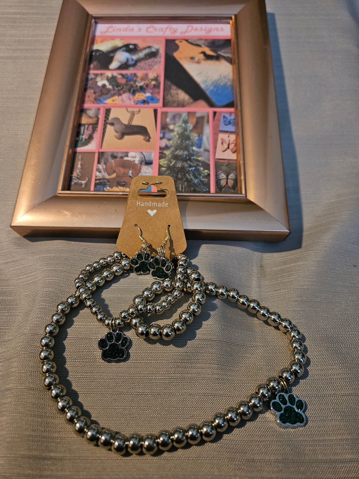 Metal Jewelry Sets - 3 Pieces - Necklace, Bracelet and Earrings - Paws - Dark Teal #653
