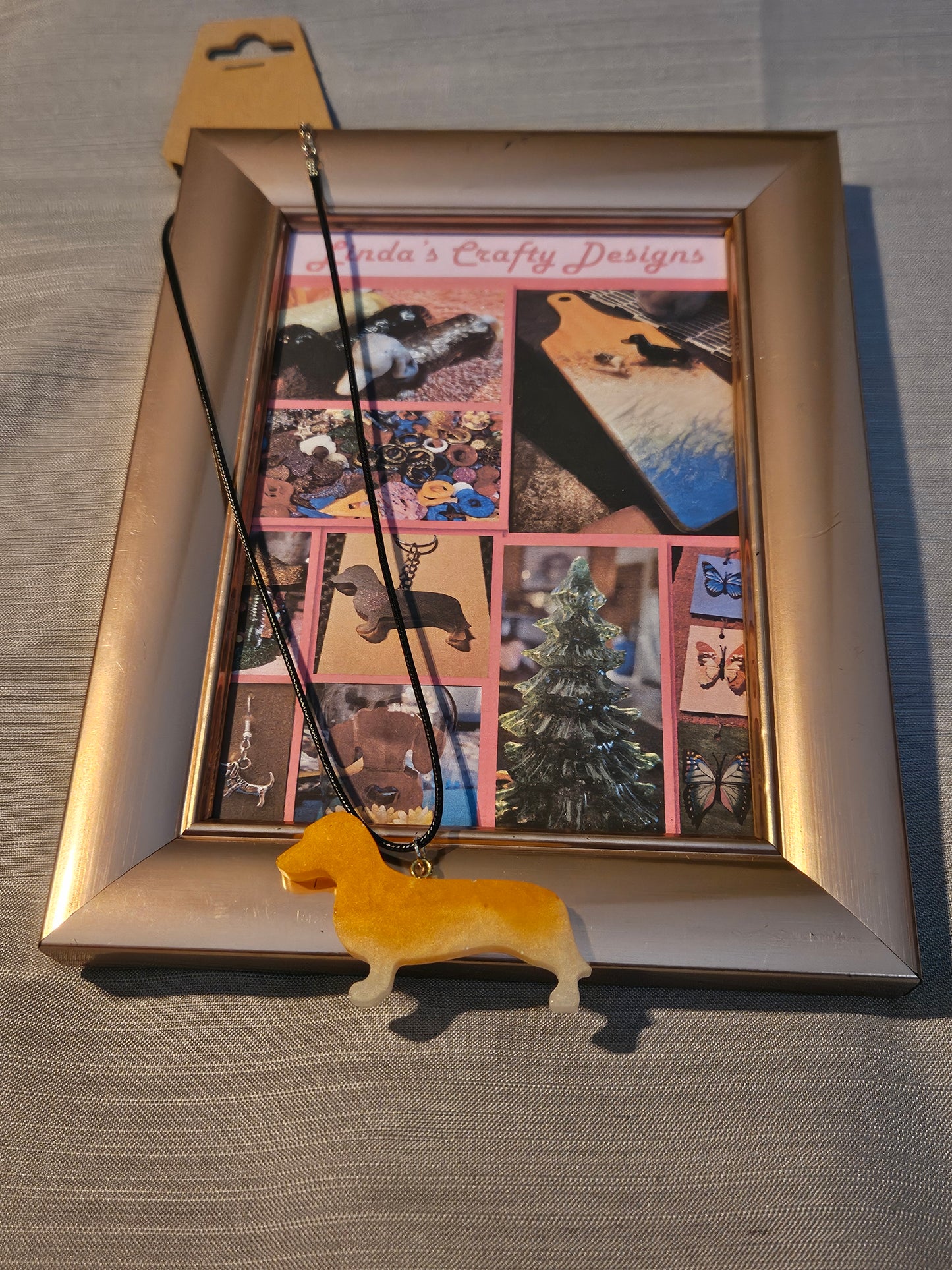 Resin/Leather Rope Necklace - Heart of a Dachshund - Orange and White #675, 676