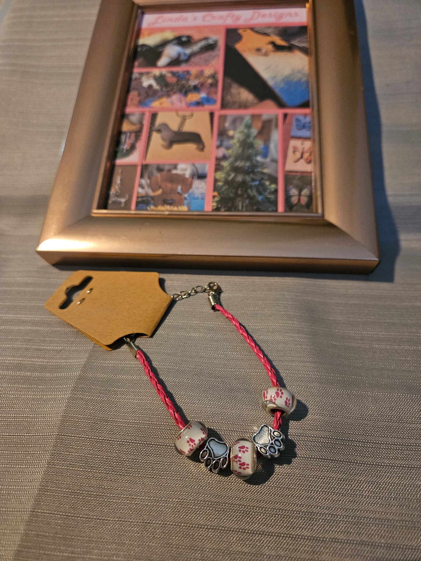 Leather Rope/Metal Bracelet - Pink Paws in Beads #746