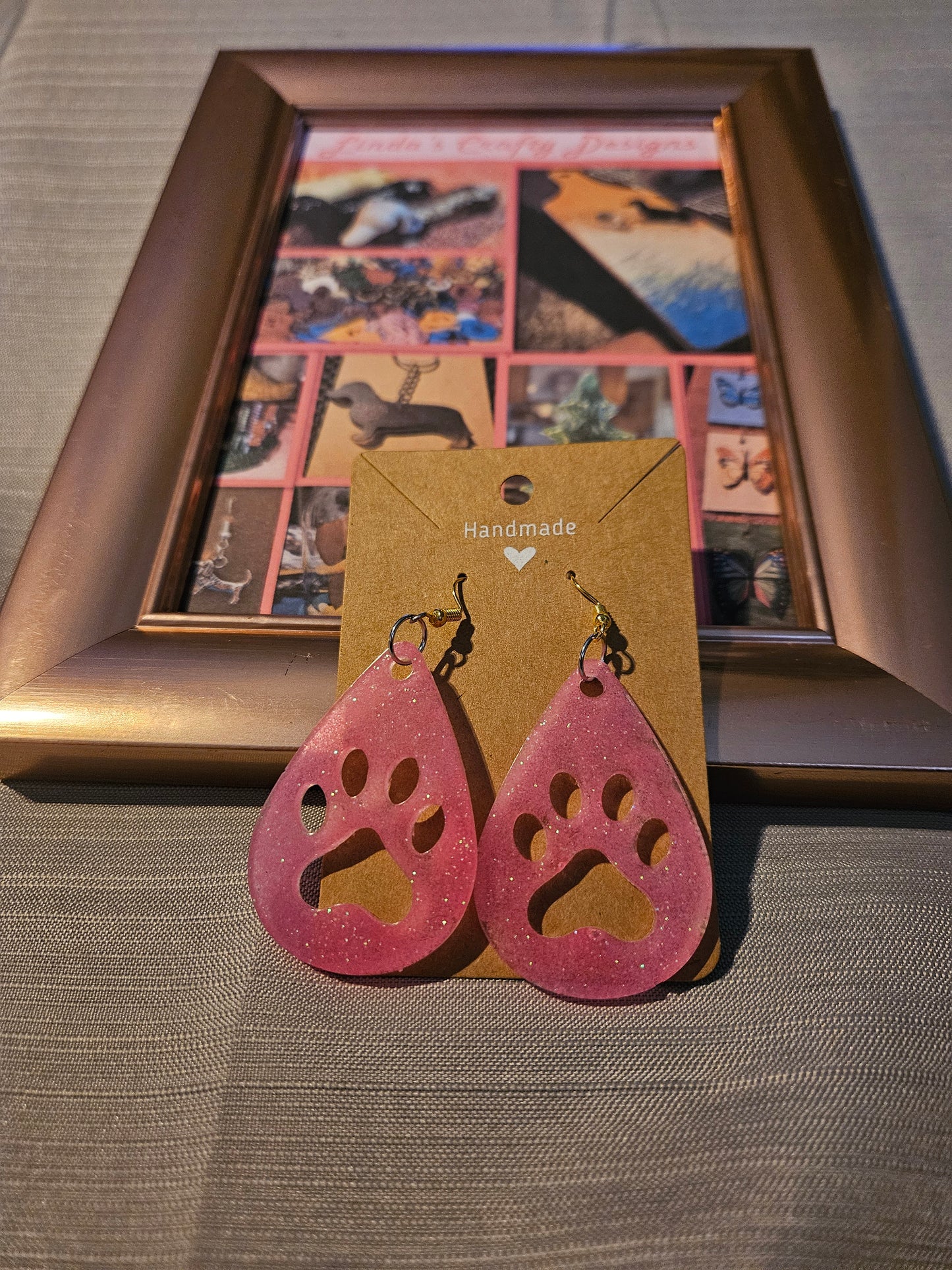 Resin/Metal Earrings (Hook) - Pink Paws in Teardrops #1055