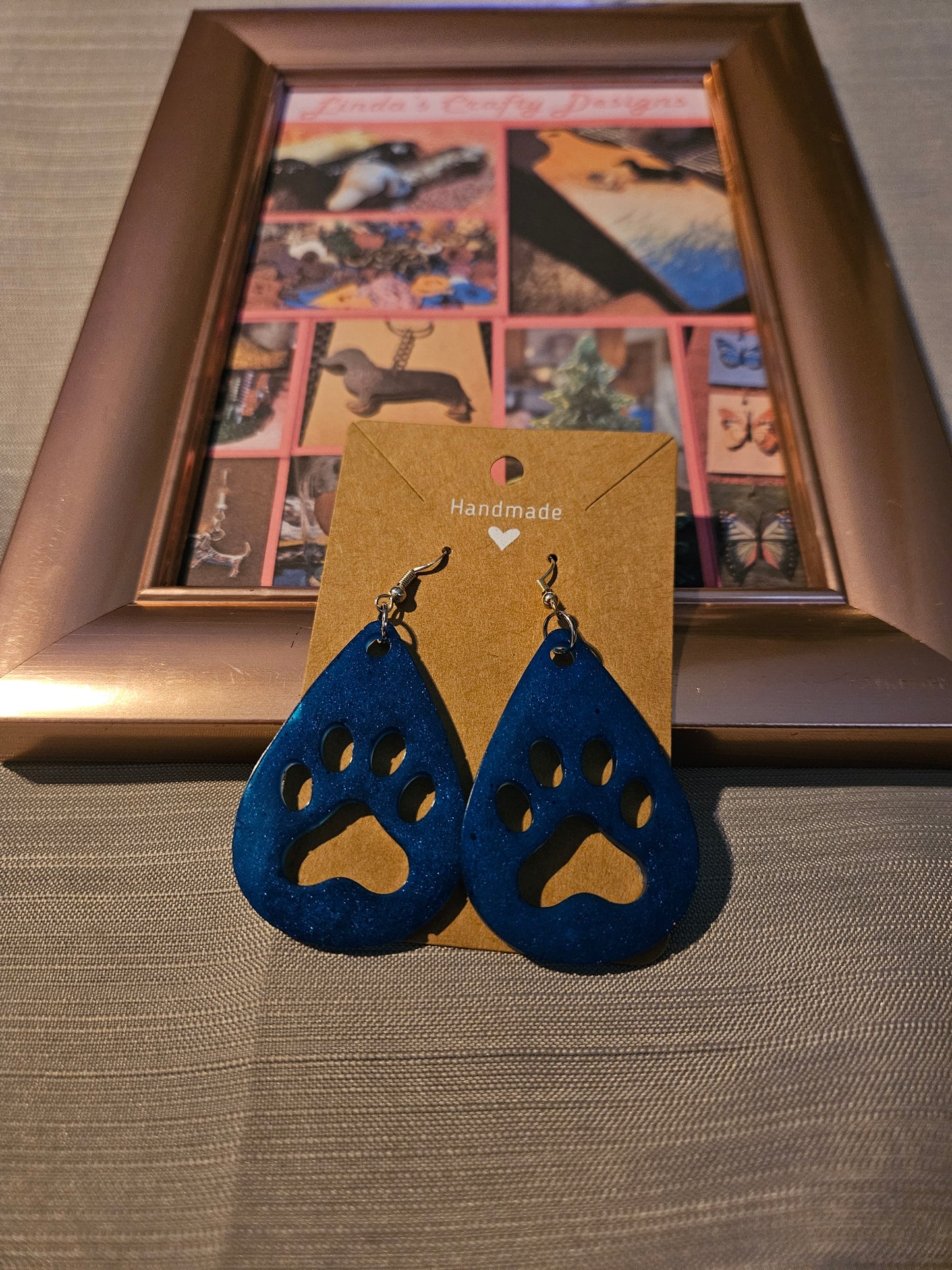 Resin/Metal Earrings (Hook) - Blue Paws in Teardrops #1057
