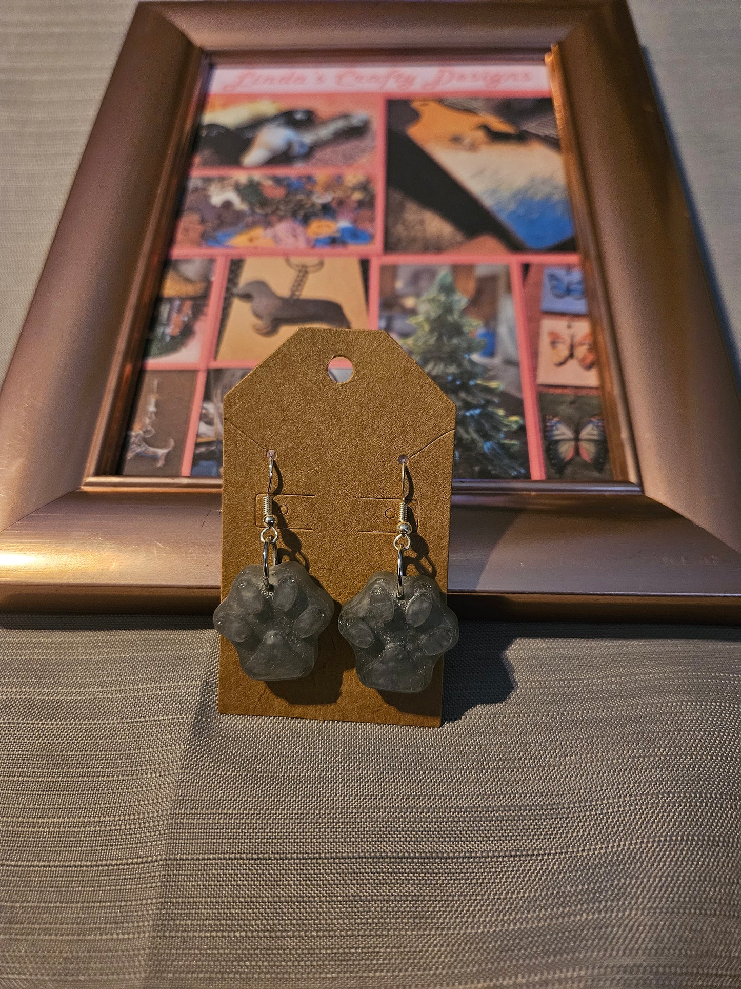 Resin/Metal Earrings (Hook) - Grey Paw Prints #1052