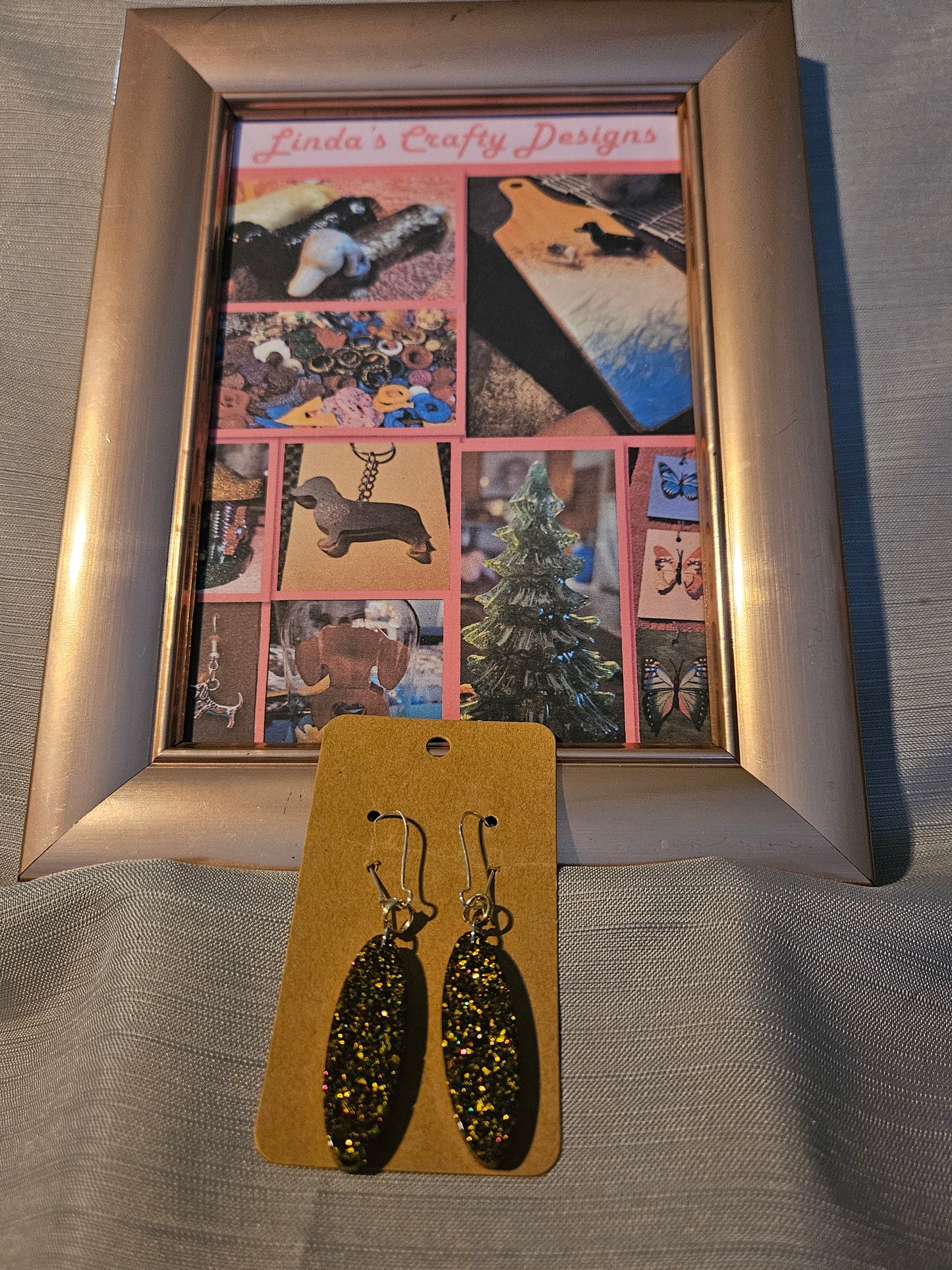Resin/Metal Earrings (Hook) - Black and Gold Glitter Ovals #250