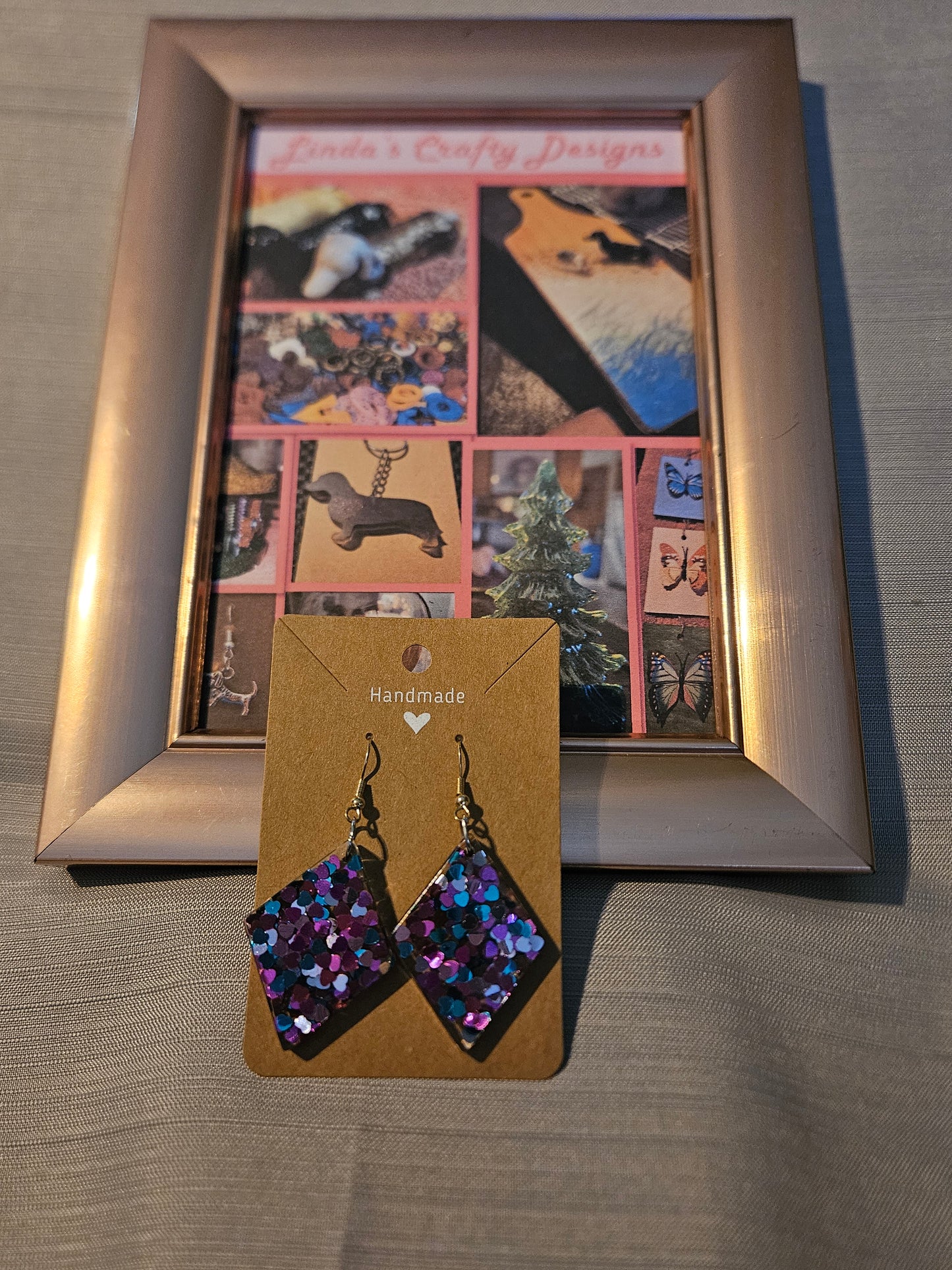 Resin/Metal Earrings (Hook) - Purple Hearts in Diamonds #291