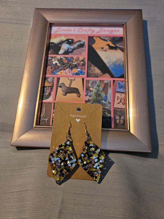 Resin/Metal Earrings (Hooks) - Black/Gold/Silver Confetti Diamonds #283
