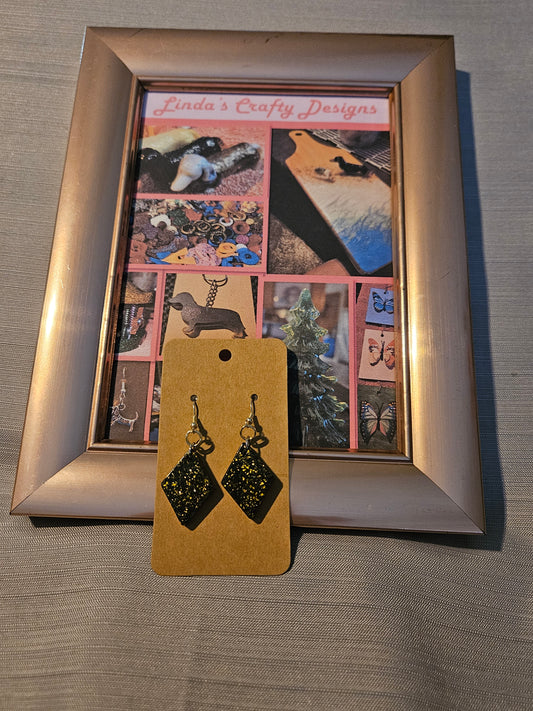 Resin/Metal Earrings (Hooks)- Black and Gold Glitter Diamonds #286