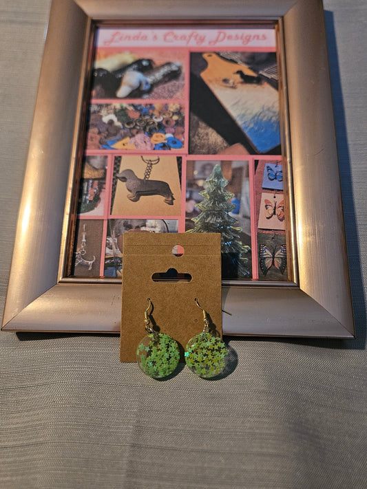 Resin/Metal Earrings (Hooks) - Green Star Confetti Rounds #287