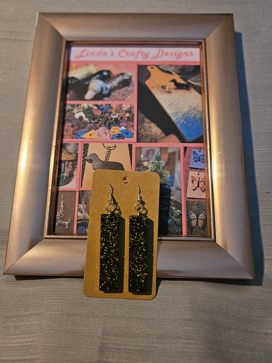 Resin/Metal Earrings (Hooks) - Black and Gold Sparkle Rectangles #282