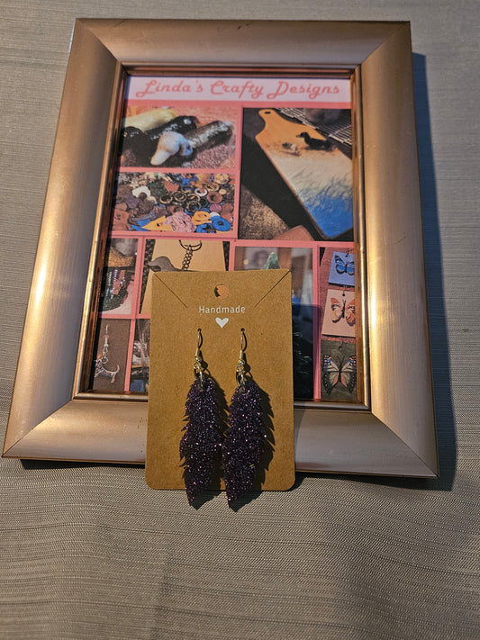 Resin/Metal Earrings (Hook) - Purple Sparkle Feathers #280