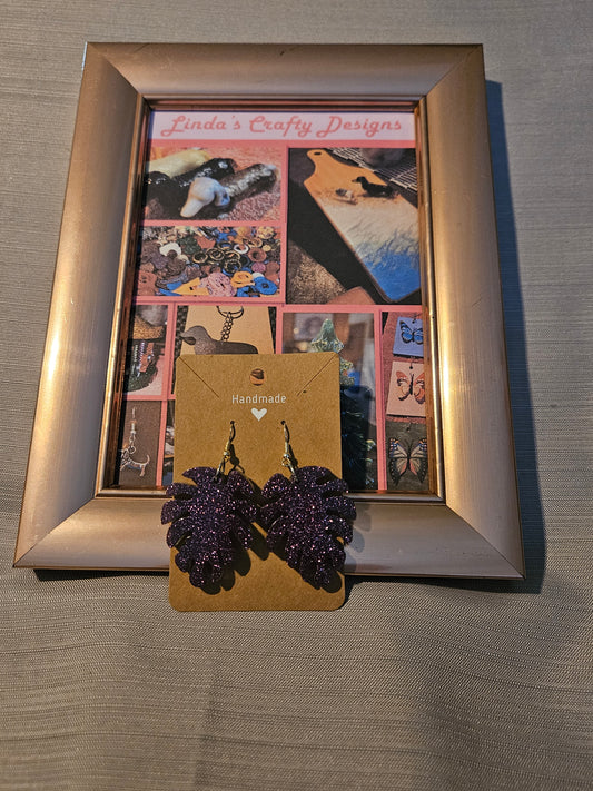 Resin/Metal Earrings (Hook)- Purple Sparkle Leaves #285