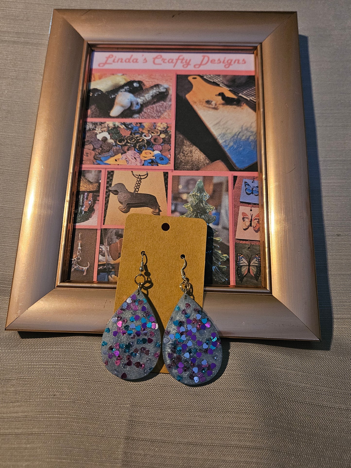 Resin/Metal Earrings (Hook) - Purple Heart Confetti in Teardrops #239