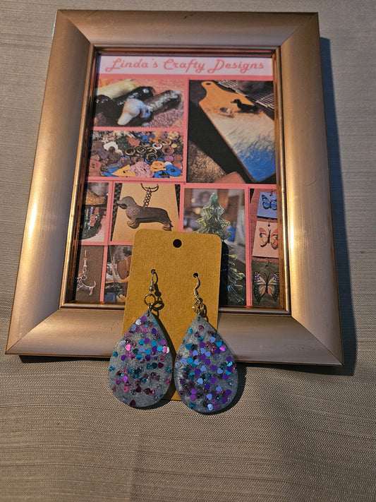 Resin/Metal Earrings (Hook) - Purple Heart Confetti in Teardrops #239