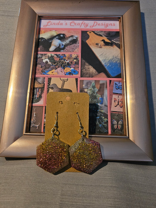 Resin/Metal Earrings (Hook) - Hexagon with Gold/Pink Sparkles #257