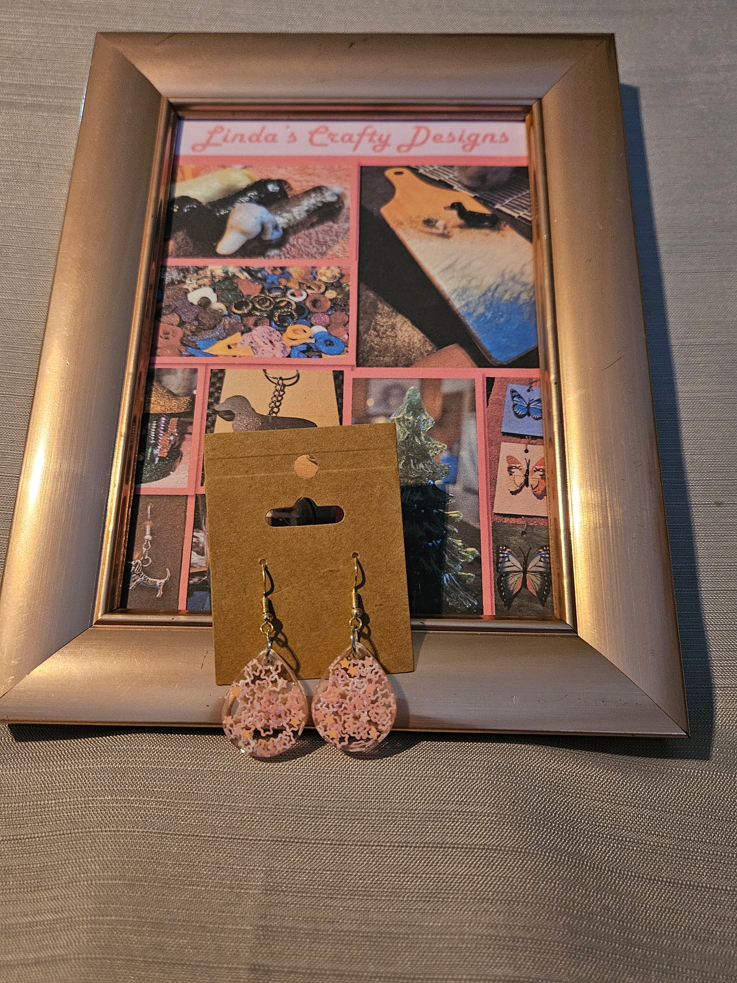 Resin/Metal Earrings (Hook) - Pink Stars Confetti in Teardrops #238