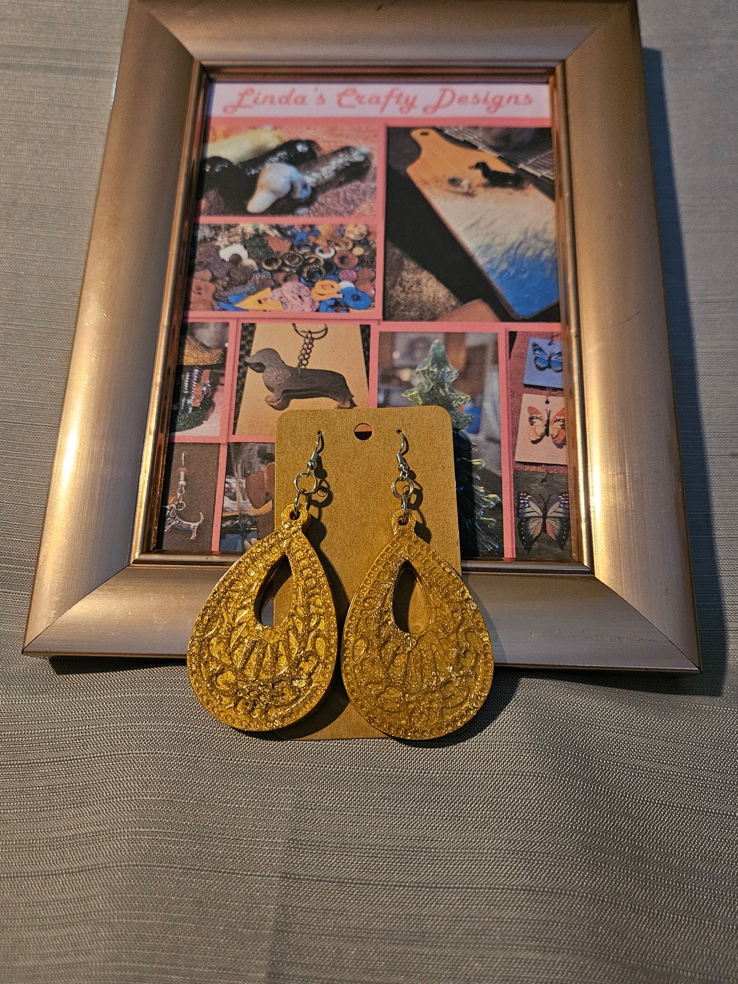 Resin/Metal Earrings (Hook) - Goldish Teardrops with Designs #255