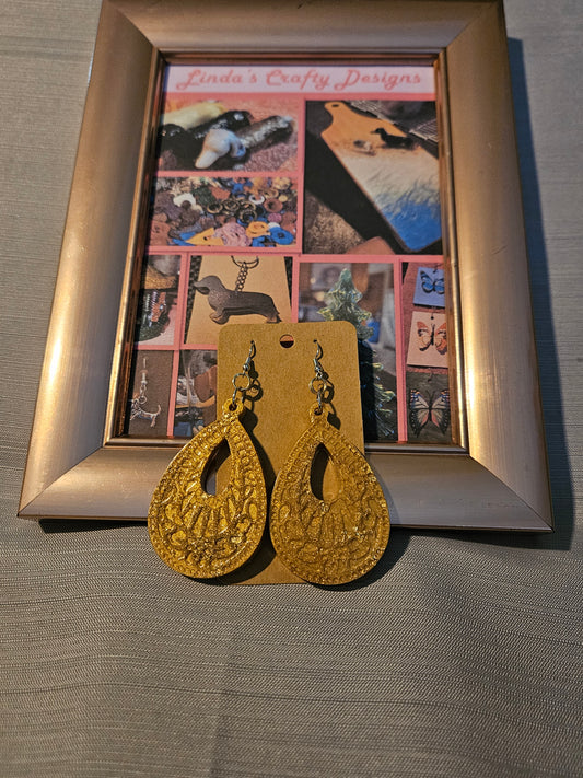 Resin/Metal Earrings (Hook) - Goldish Teardrops with Designs #255