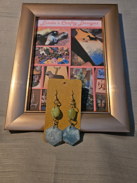 Resin/Metal Earrings (Hook) - Hex Blue and Green Circles #256