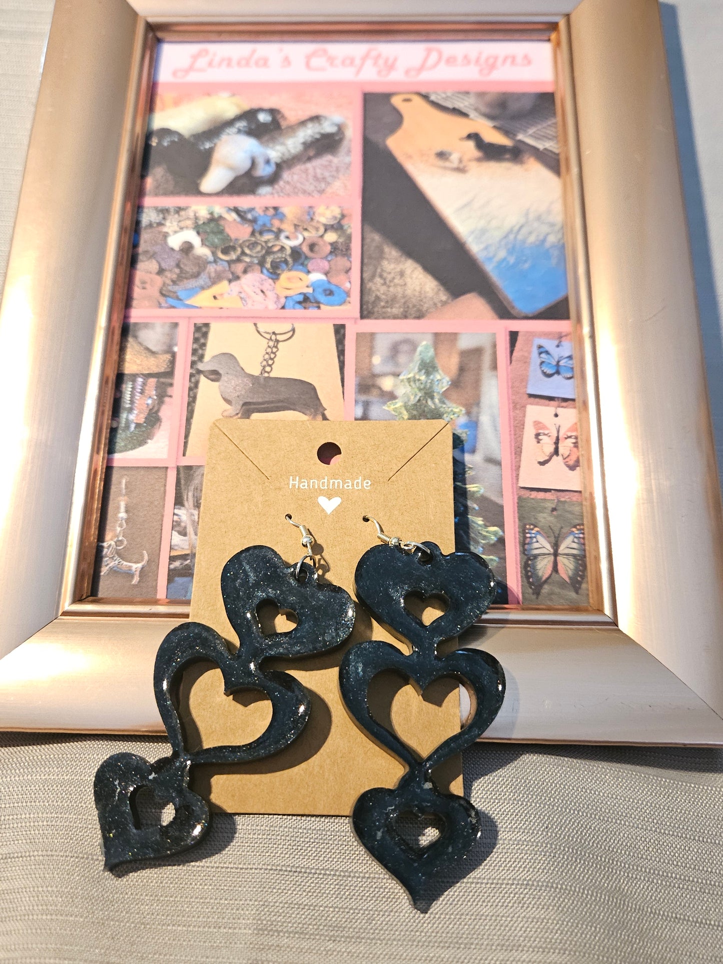 Resin/Metal Earrings (Hook) - Blue Triple Hearts #252