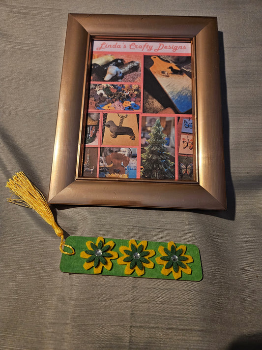 Wood Bookmark - Green and Yellow Flowers #127