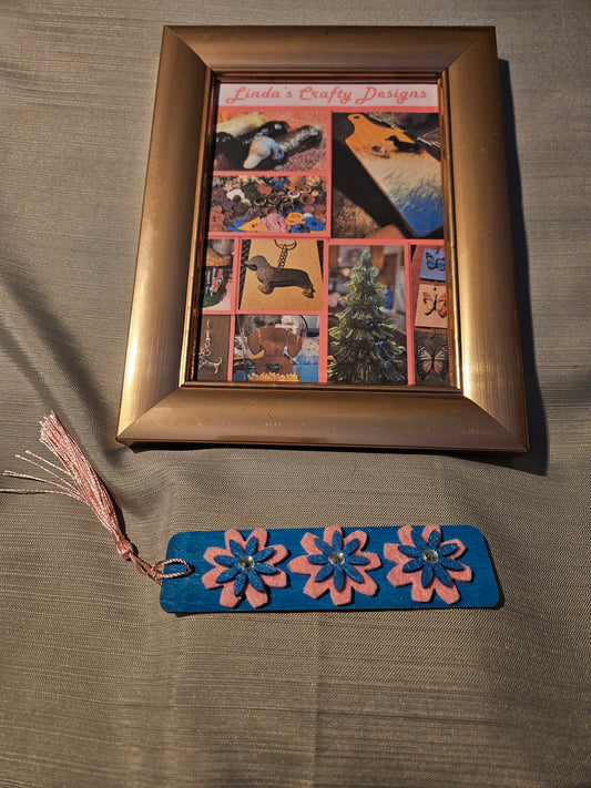 Wood Bookmark - Blue and Pink Flowers #126