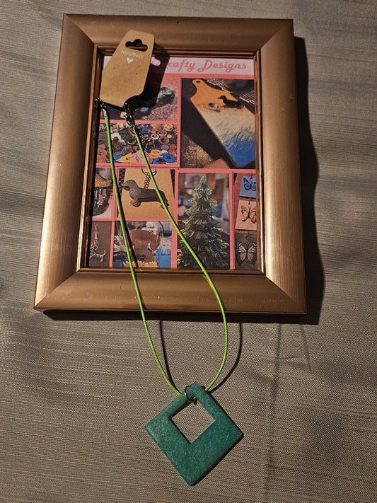 Resin/Leather Rope Necklace - Green Square  18-20 inch #183