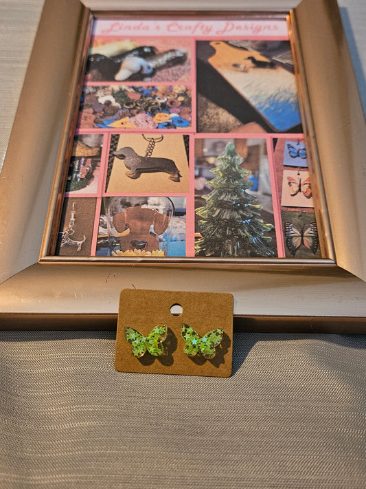 Resin/Metal Earrings (Posts) - Green Stars Confetti in Butterflies #401
