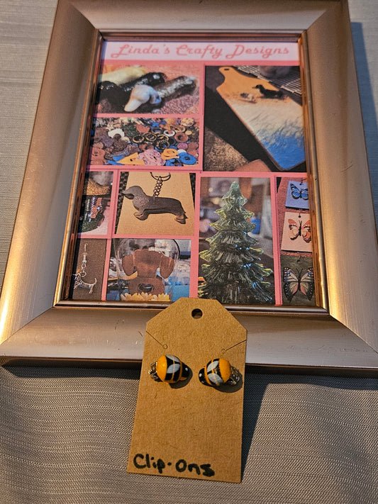 Wood/Metal Earrings (Clip-Ons) - Bees #389