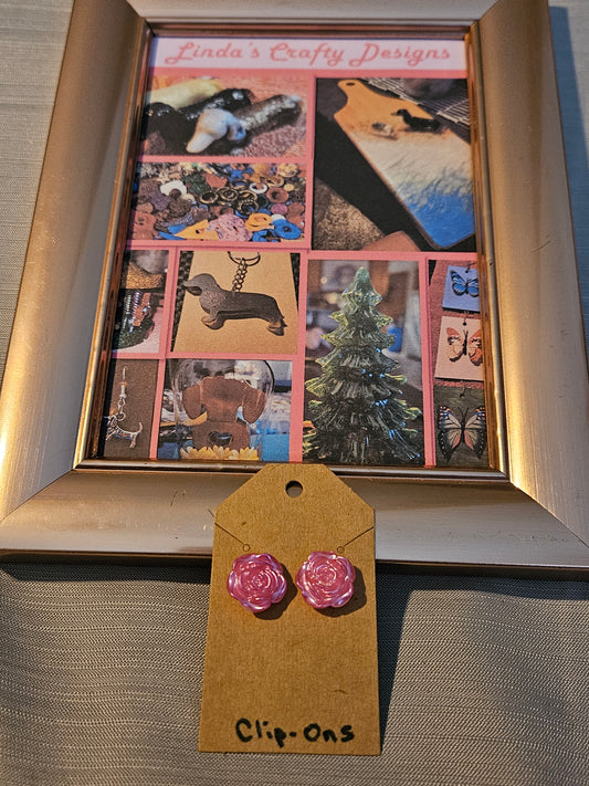 Plastic/Metal Earrings (Clip-Ons) - Pink Roses #386