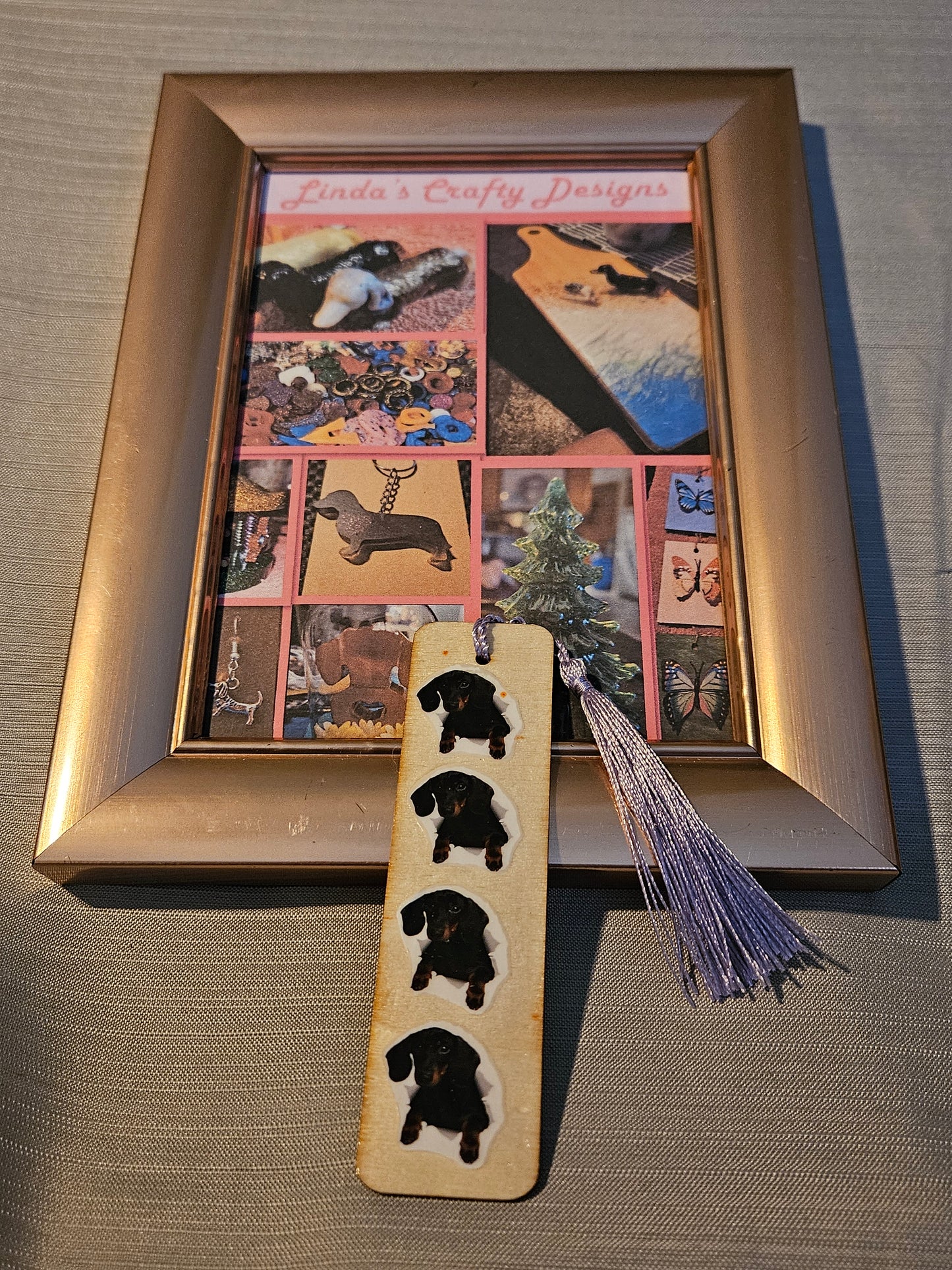 Wood with Resin Bookmark - 4 Doxies in a Row - Purple Tassel #802
