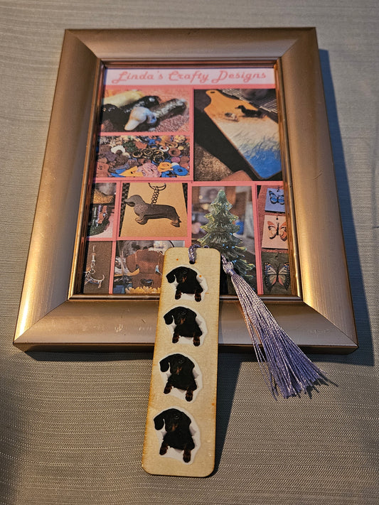 Wood with Resin Bookmark - 4 Doxies in a Row - Purple Tassel #802