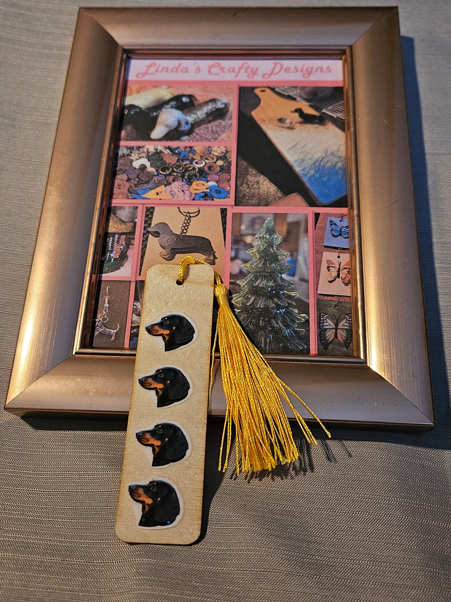 Wood with Resin Bookmark - 4 Doxies in a Row - Yellow Tassel #800