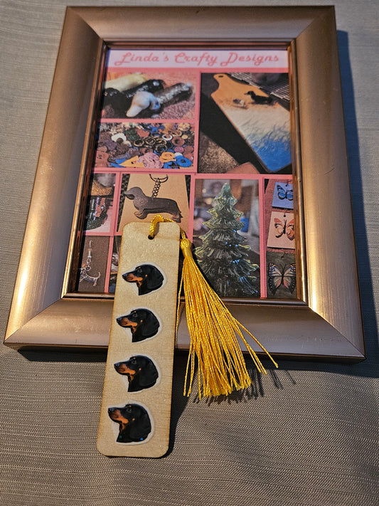 Wood with Resin Bookmark - 4 Doxies in a Row - Yellow Tassel #800