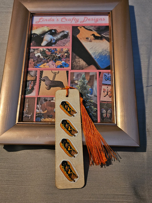 Wood with Resin Bookmark - 4 Doxies in a Row - Orange Tassel #803