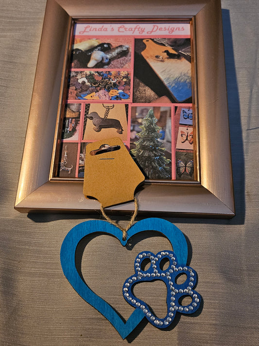 Wood Ornament - Paw in Heart - Blue #796. 797