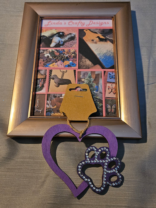 Wood Ornament - Paw in Heart - Purple #792. 793