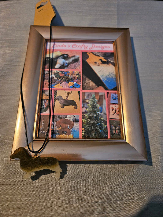 Resin/Leather Rope Necklace - Heart of a Dachshund - Brown and White #678. 679. 680