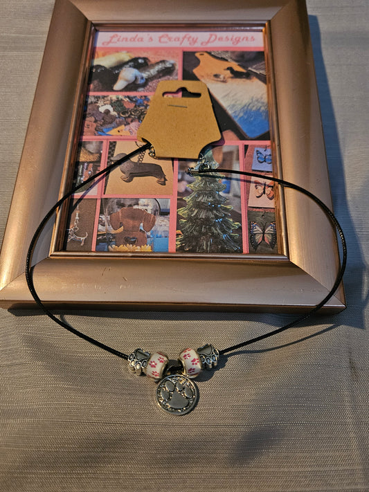 Leather Rope/Metal Necklace - So Charming - Pink Paws #691