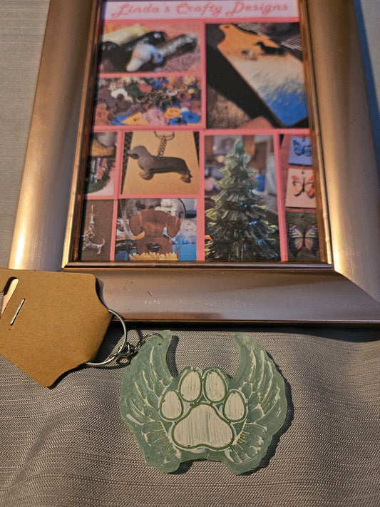 Resin Keychain - Green Angel Wings Paw Print (Reduced) #972