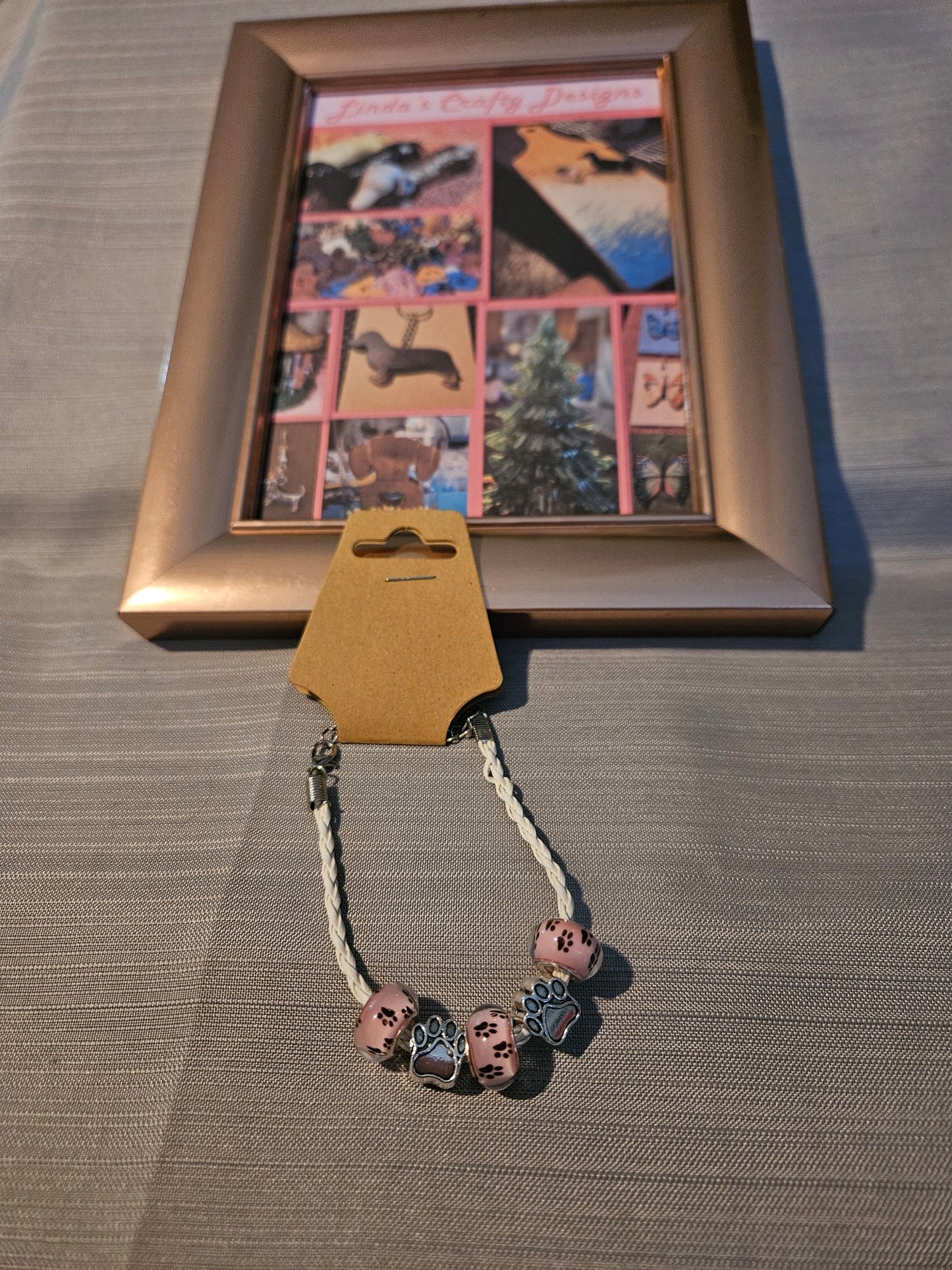 Leather Rope/Metal Bracelet - Pink Paws in Beads #743