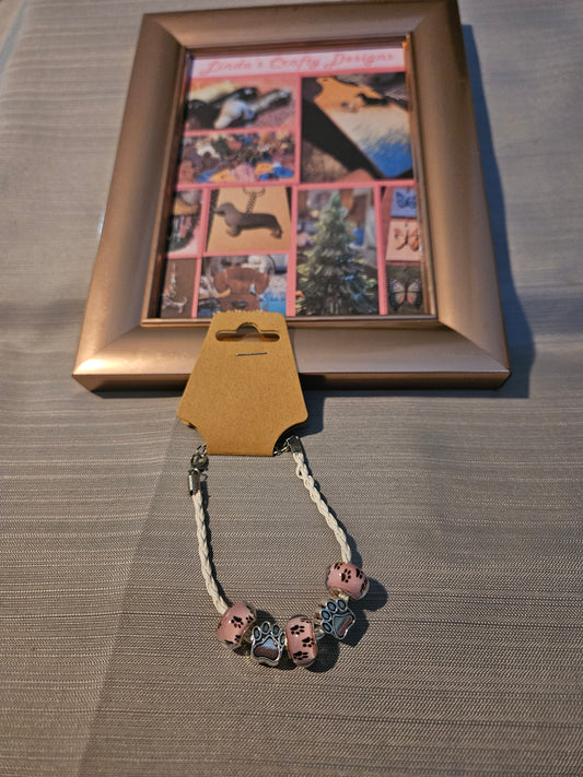 Leather Rope/Metal Bracelet - Pink Paws in Beads #743