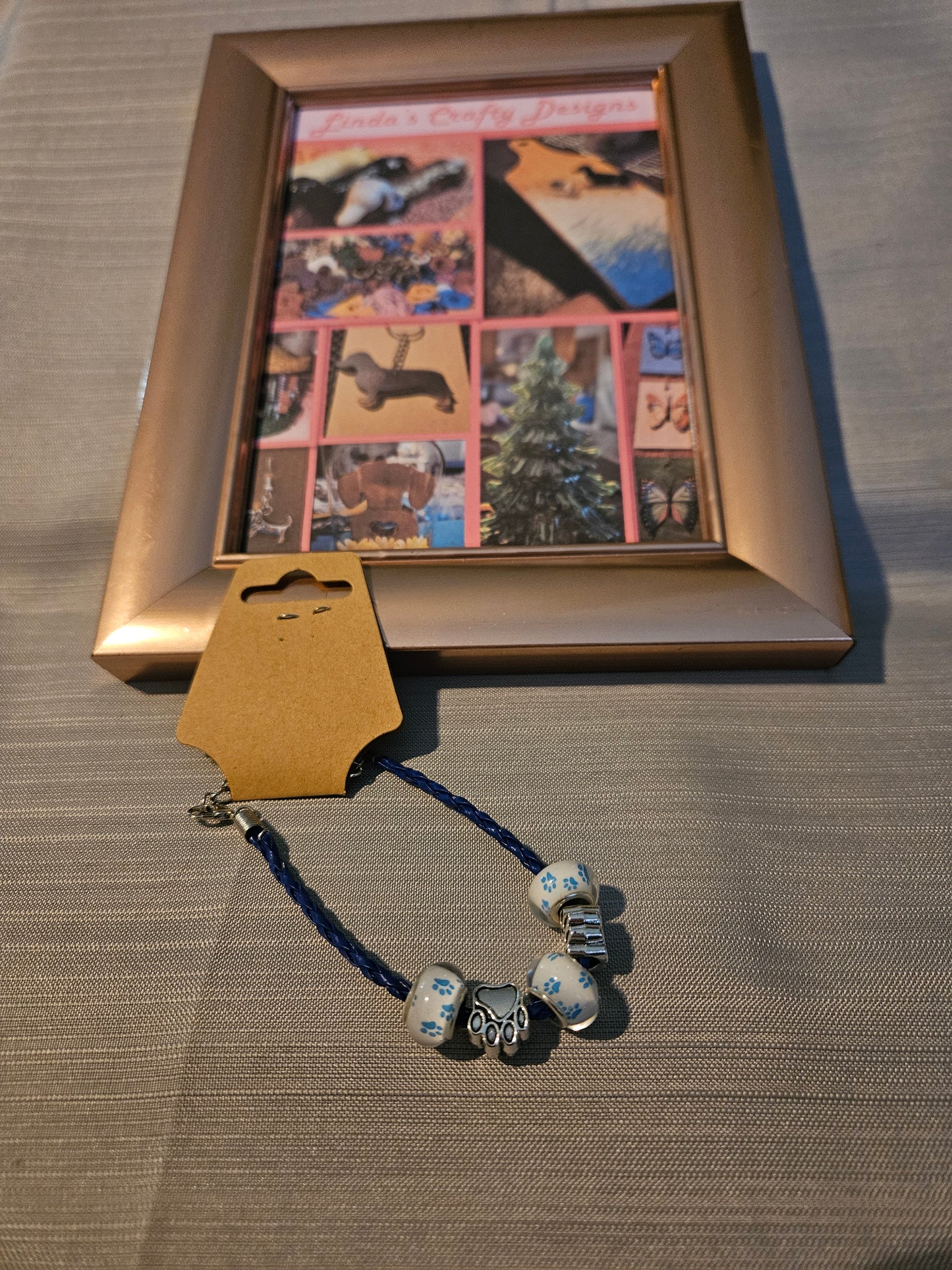Leather Rope/Metal Bracelet - Blue Paws in Beads #745