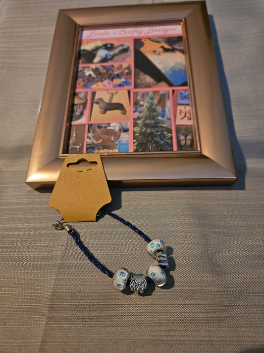 Leather Rope/Metal Bracelet - Blue Paws in Beads #745