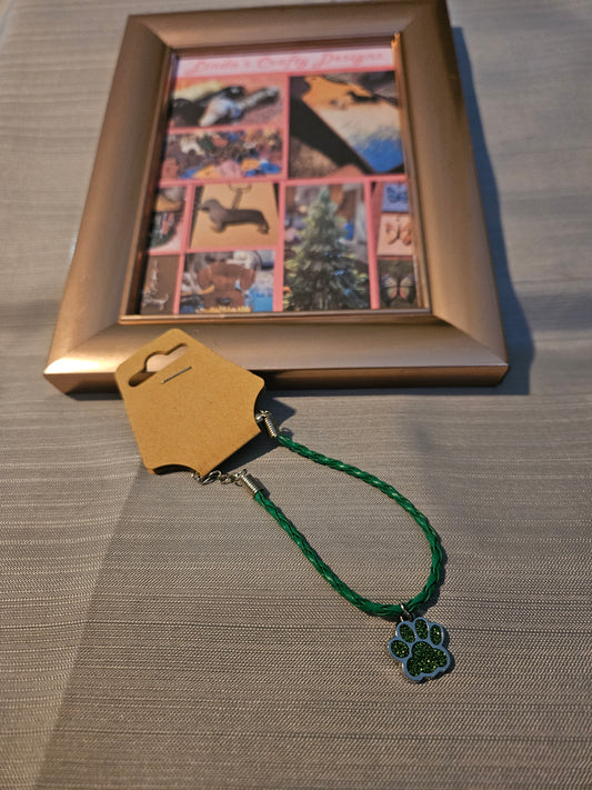 Leather Rope/Metal Bracelet - Green Paw #771
