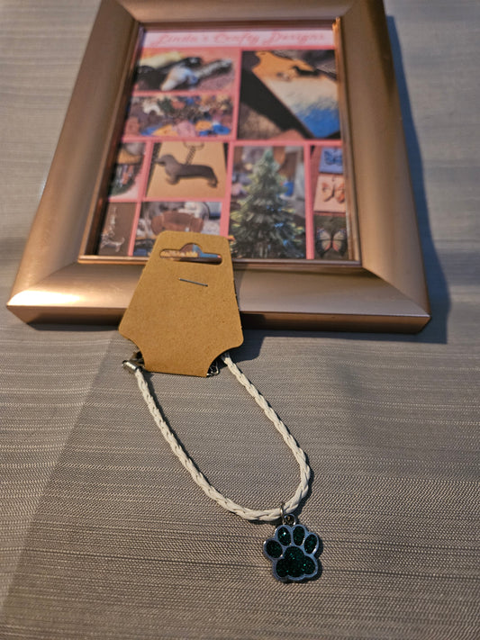 Leather Rope/Metal Bracelet - Dark Teal Paw #774
